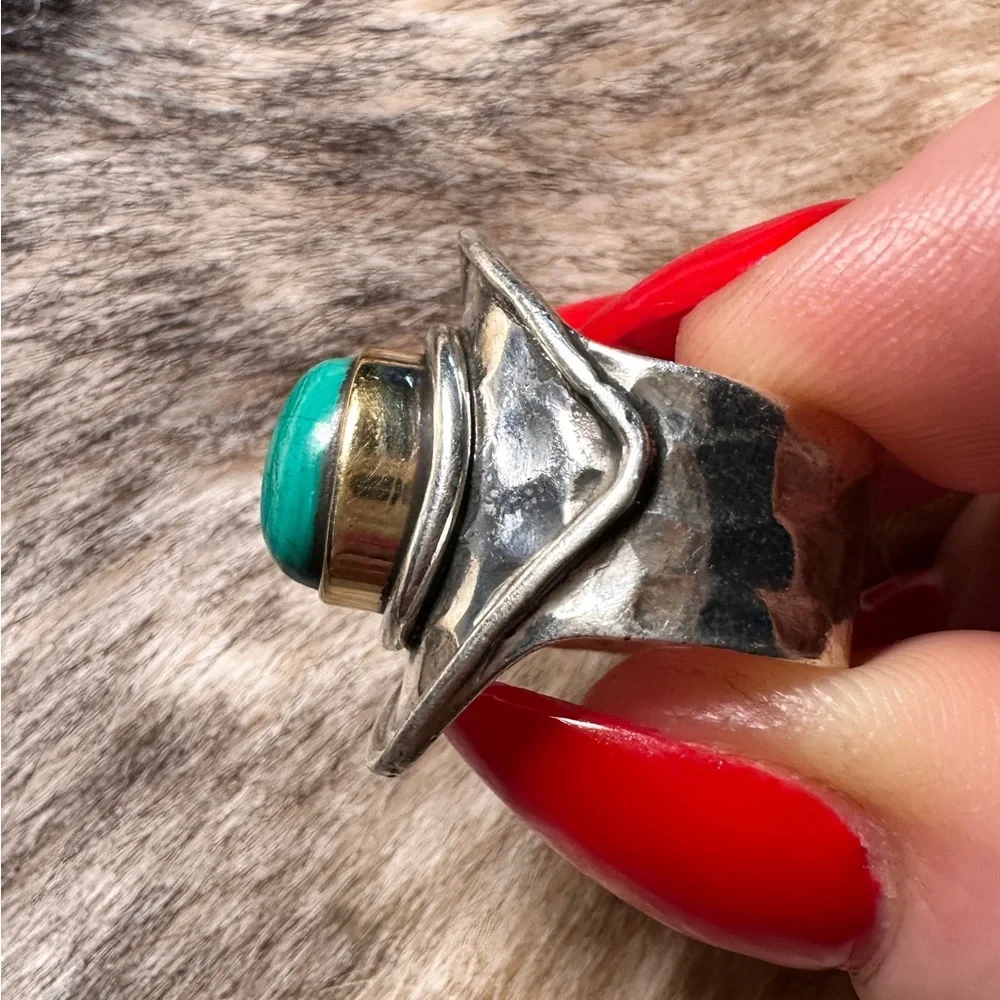 Hammered Sterling Silver & Bronze Bezel Malachite Statement Ring
